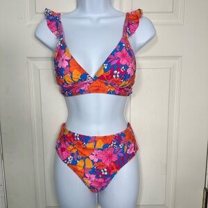 NWT Cupshe Floral‎ Bikini With Ruffles , High Waisted Size X-Small
